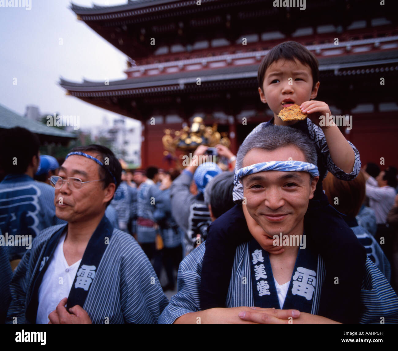 Father and son in yukata costume at Tokyo's Sanja Matsuri held at Senso-ji Temple ( Asakusa Kannon ) Stock Photo