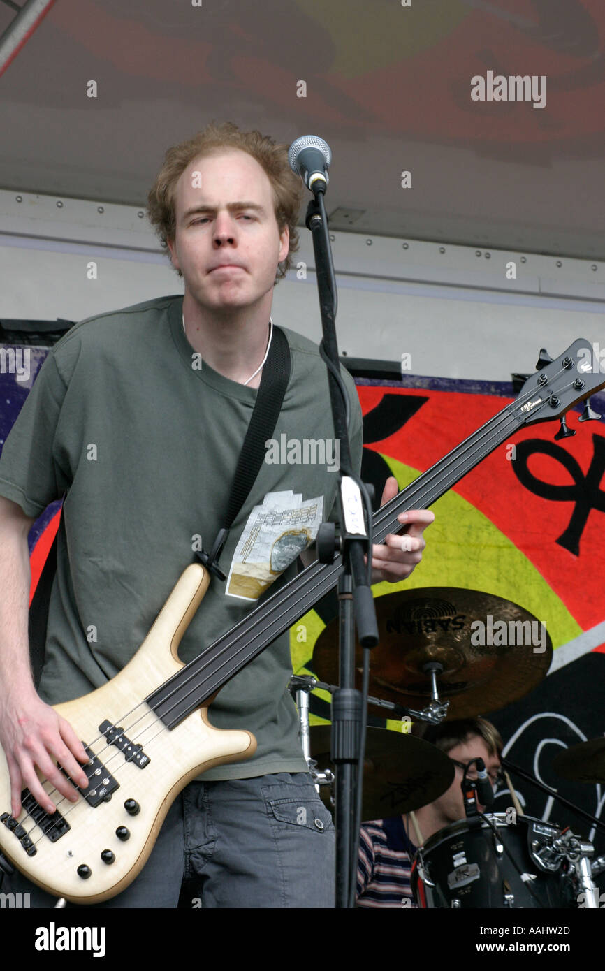 Bass Guitarist in the band Moe Foe Stock Photo