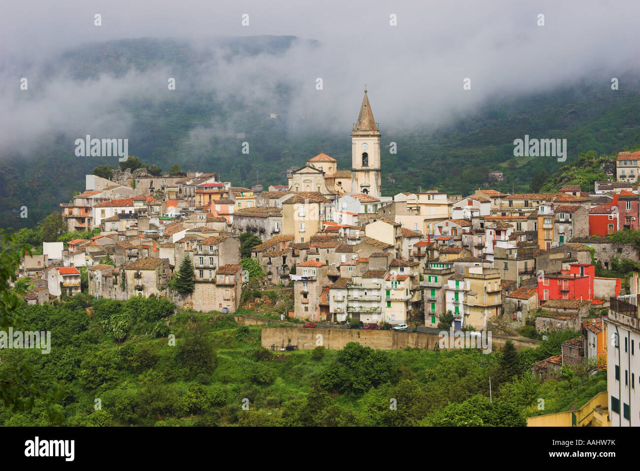 Typical partly walled hill town in the province of Messina, Northern ...