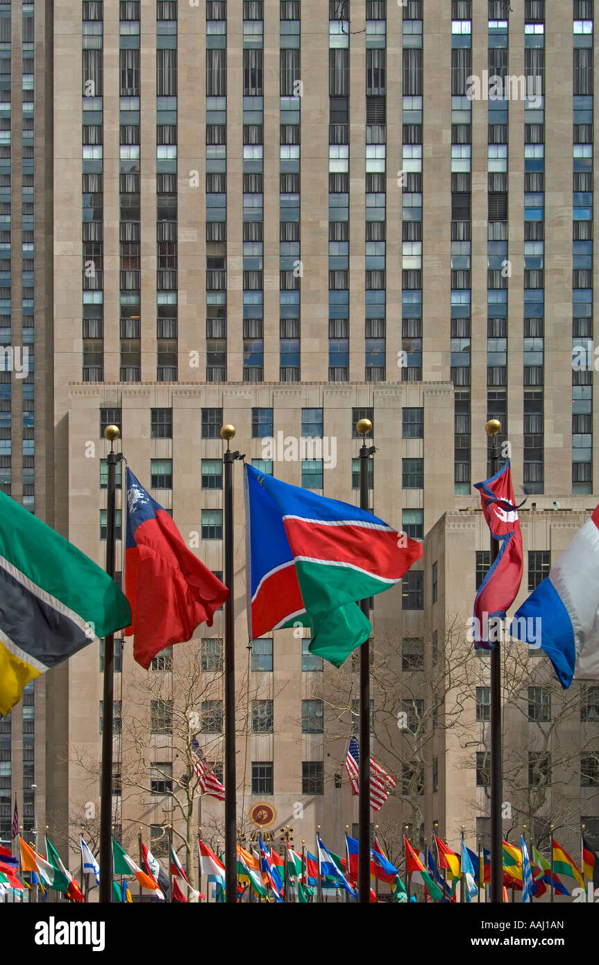 Flags around concourse Rockefeller center plaza New York city USA Stock Photo