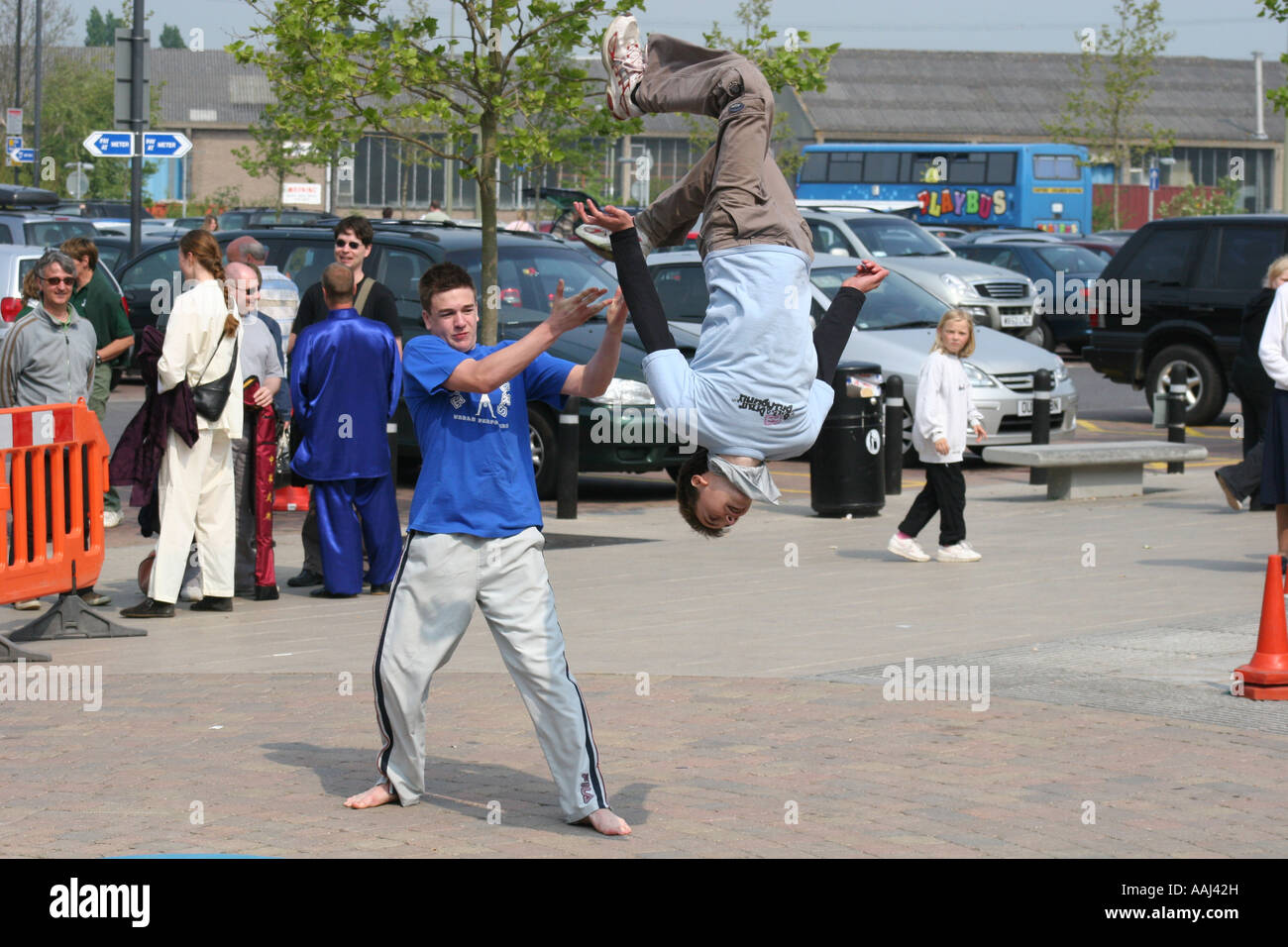 Young men street dancing in Didcot Oxfordshire. Stock Photo