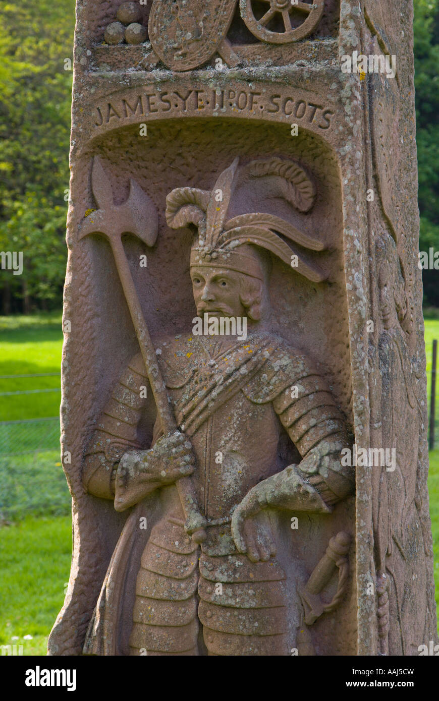 King James II of Scotland represented on a carved obelisk at Dryburgh Abbey Scotland Stock Photo