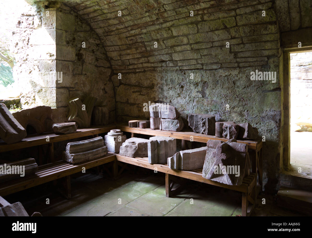 Store of architectural relics for use in restoration work at Dryburgh Abbey Scottish Borders UK Stock Photo