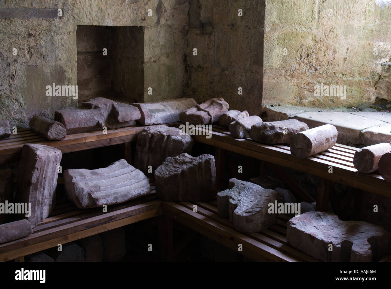 Store of architectural relics for use in restoration work at Dryburgh Abbey Scottish Borders UK Stock Photo