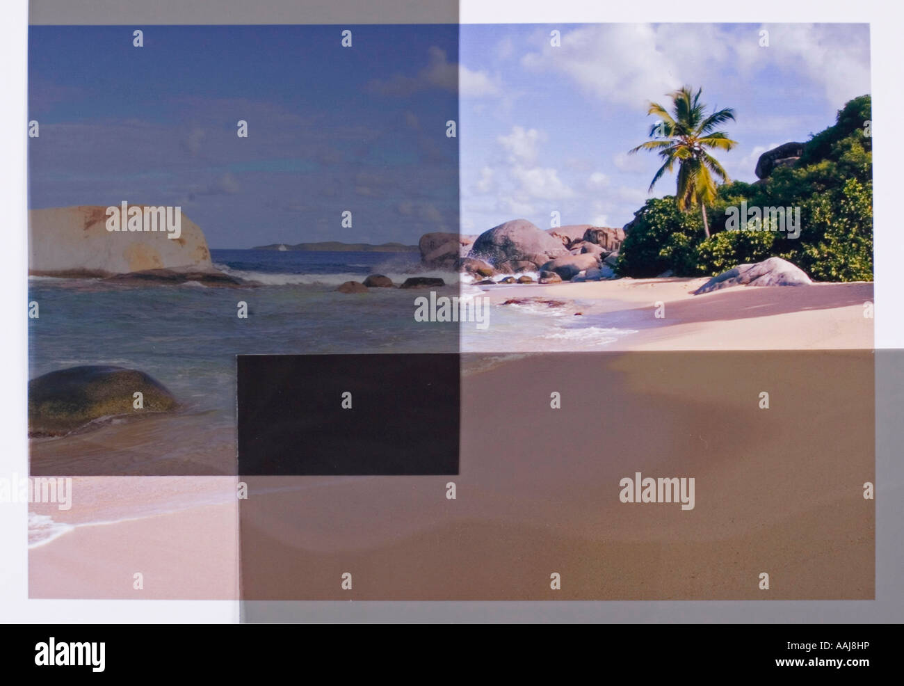 two polarized filters at 90 degree angles to one another on a picture of a beach scene Stock Photo