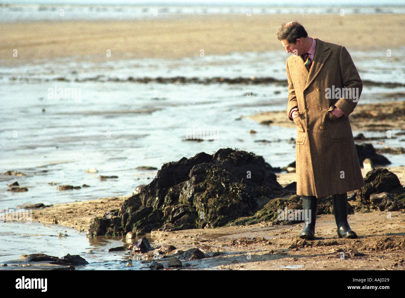 HRH Charles Prince of Wales inspecting oil pollution on the beach at West Angle Bay Pembrokeshire West Wales UK Stock Photo