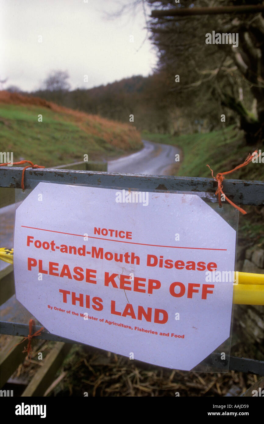 Foot and Mouth Disease notice closing footpath and land on road near