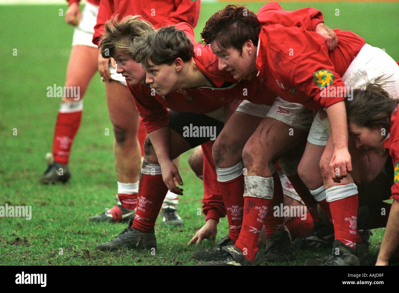 Womens international rugby match Welsh front row going down into scrum  Wales v Ireland at Llanelli Wales UK Stock Photo - Alamy