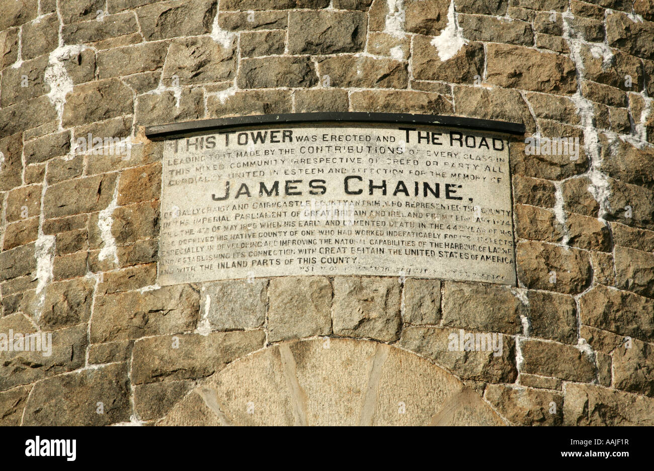 Detail of plaque on James Chaine monument, Larne, County Antrim, Northern Ireland. Stock Photo