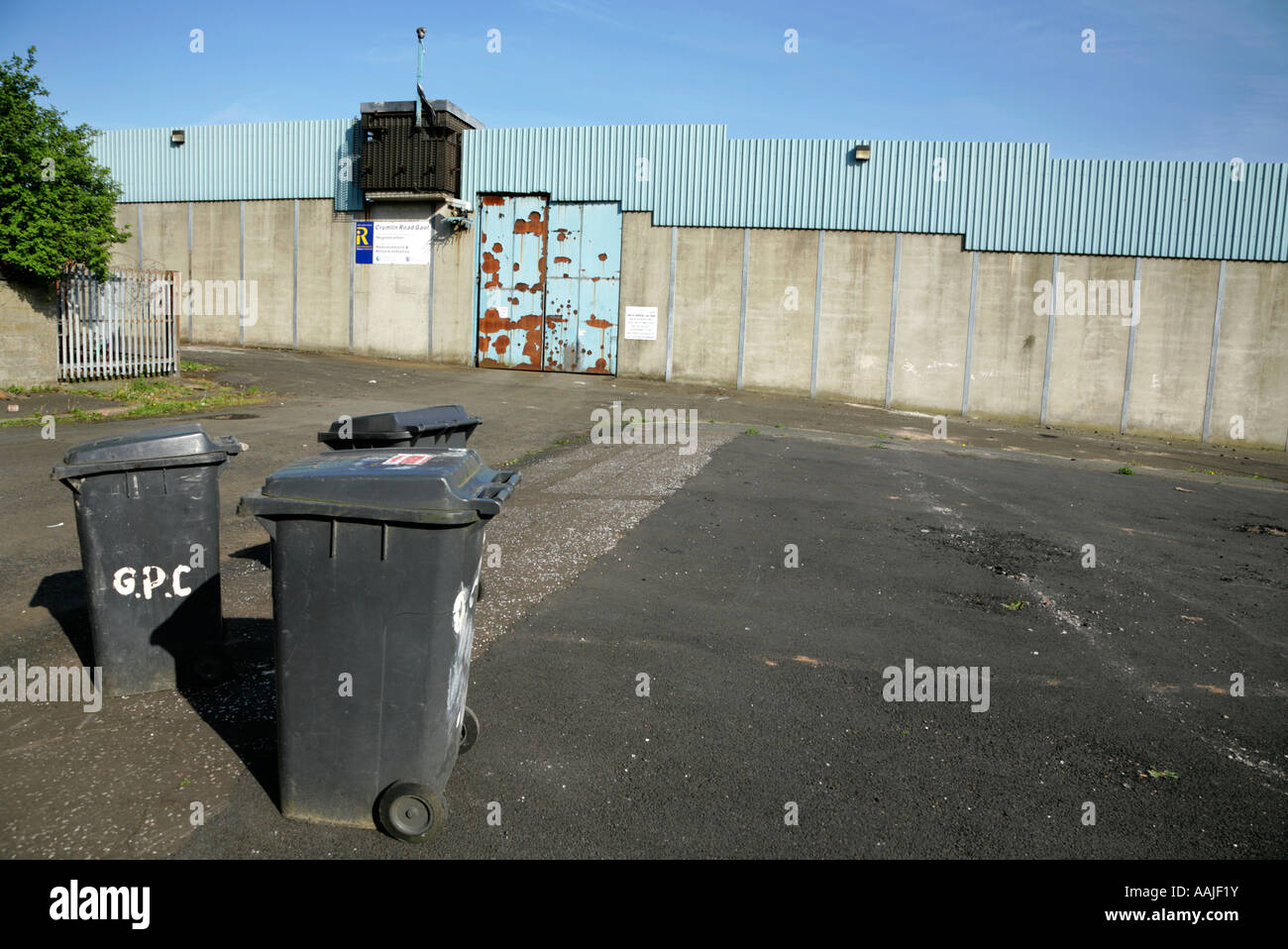 Wheelie bins outside the disused Crumlin Road jail, Belfast, Northern