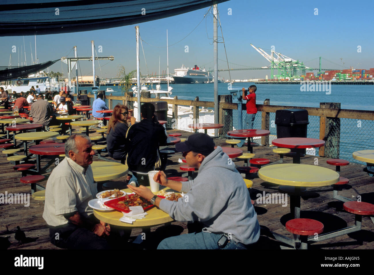 One of many seafood restaurants along the main channel in San Pedro Harbor Stock Photo