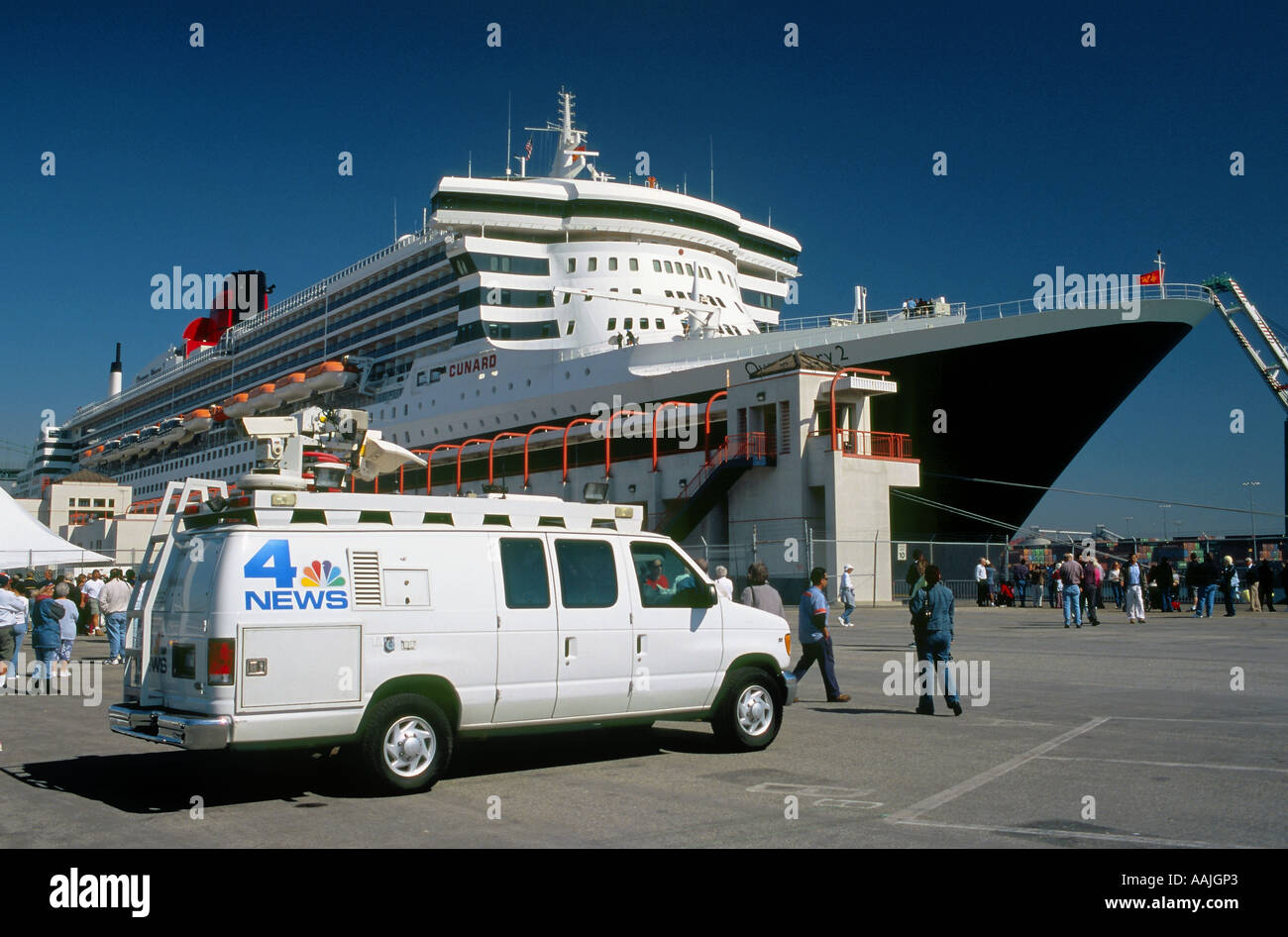 The Queen Mary 2 getting lots of media attention while visiting the San Pedro Harbor, Los Angeles, California Stock Photo