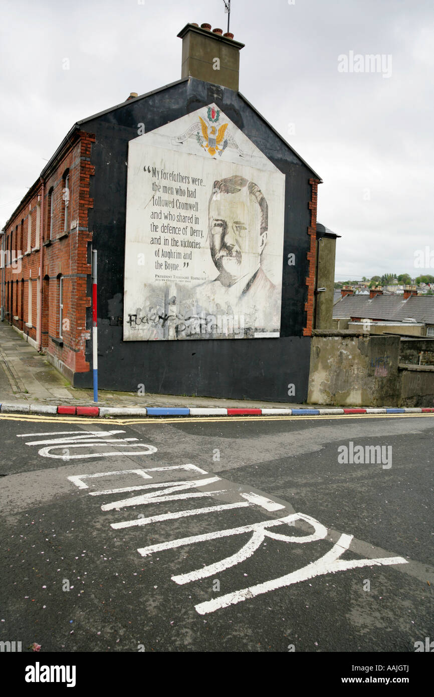 Theodore Roosevelt mural on Kennedy Street in The Fountain estate, Londonderry, County Derry, Northern Ireland. Stock Photo