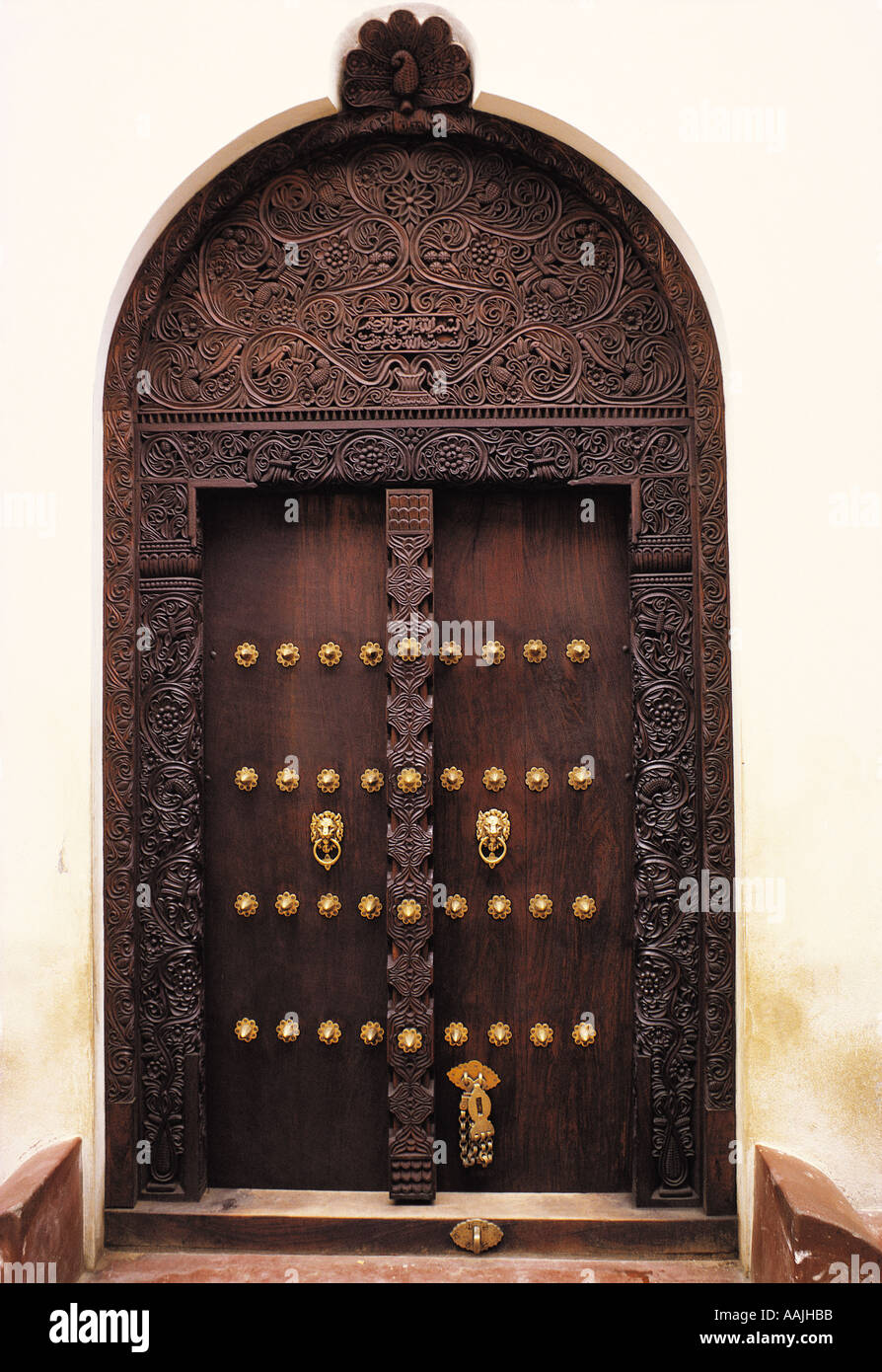 Traditional carved wooden door Lamu town Lamu Island Kenya East Africa