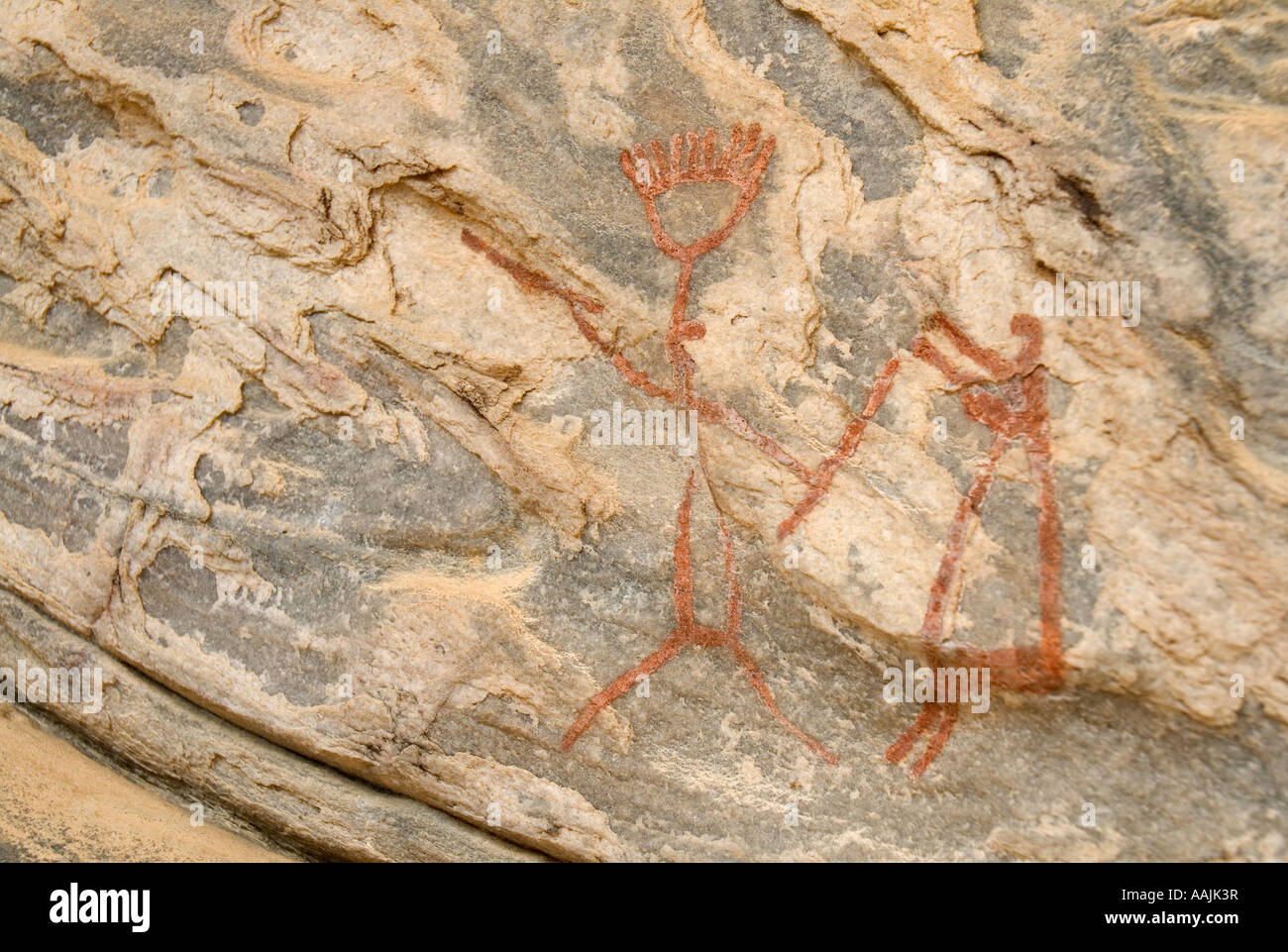 Hunting scene (rock painting) - - carnaúba dos dantas -rio grande do norte Brazil, Ancient pictographs on a rock wall Stock Photo