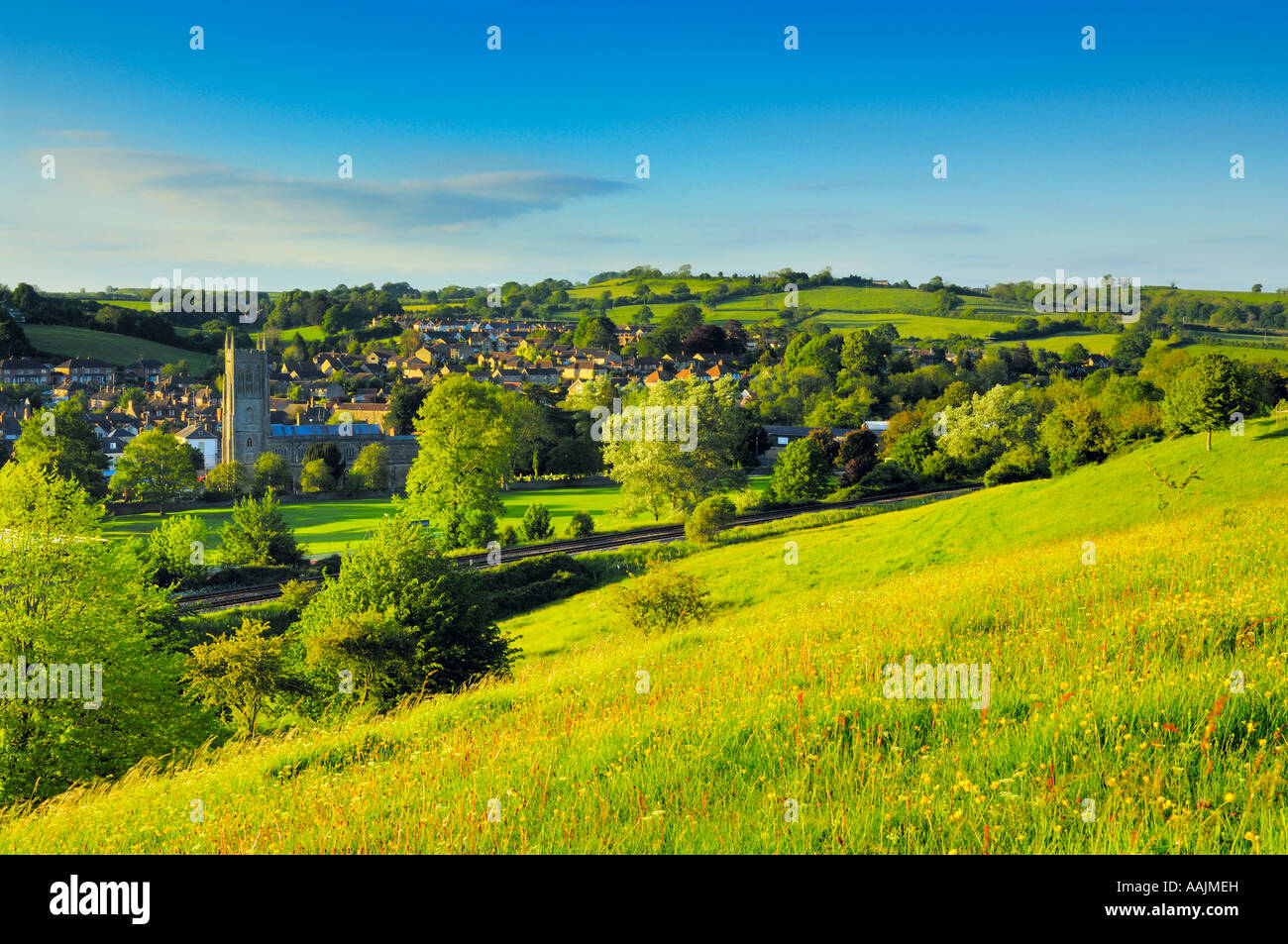 View over the historic town of Bruton viewed from the Dovecote in spring, Somerset, England