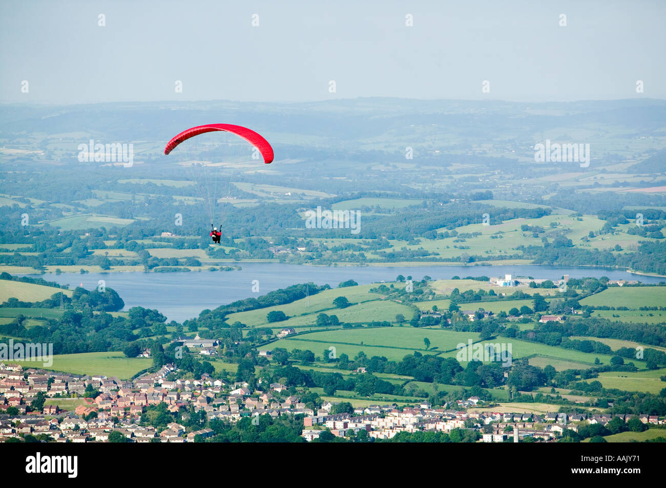 Parapente paragliding over Cwmbran Wales UK Stock Photo
