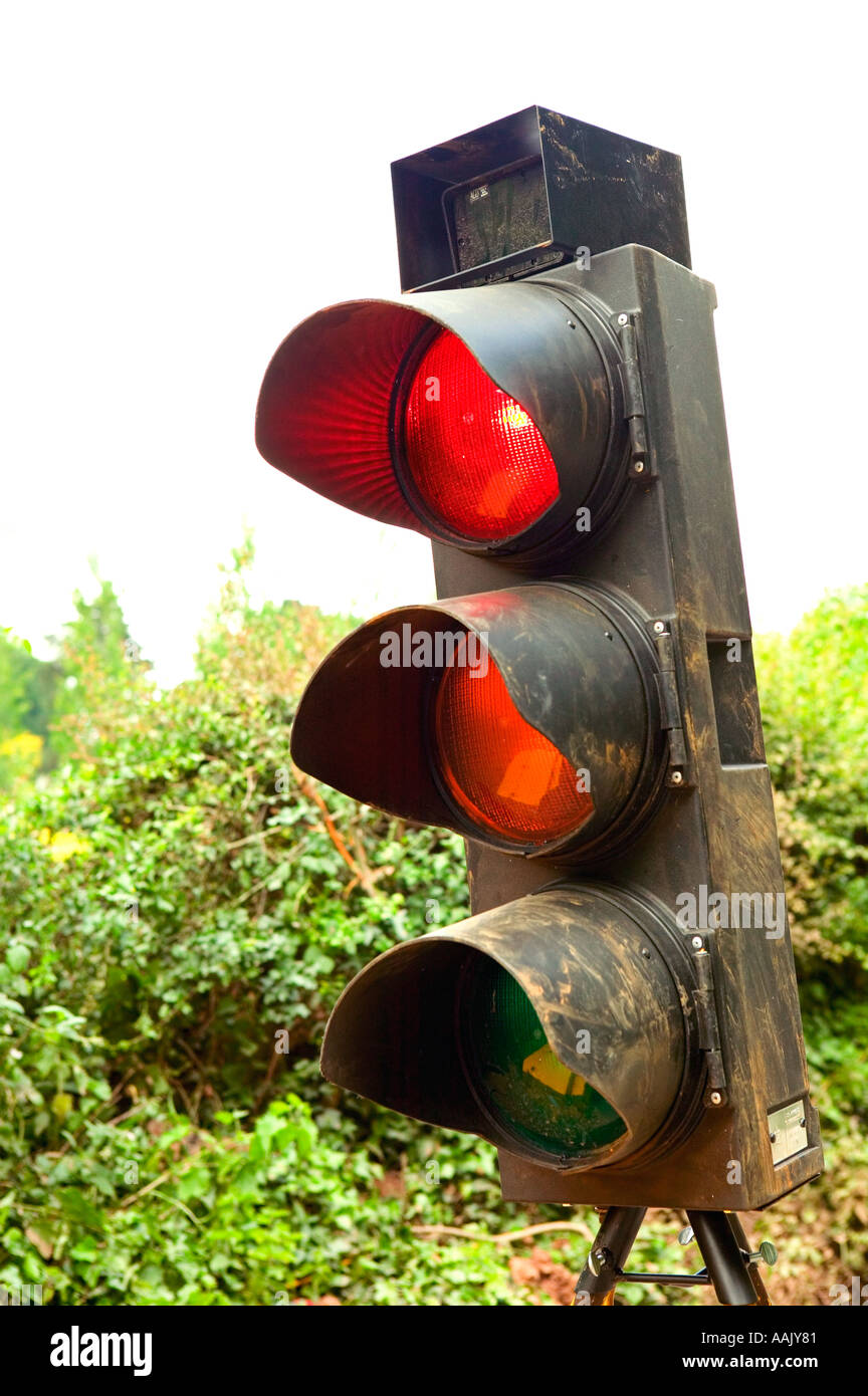 Temporary roadworks traffic lights on red UK Stock Photo - Alamy