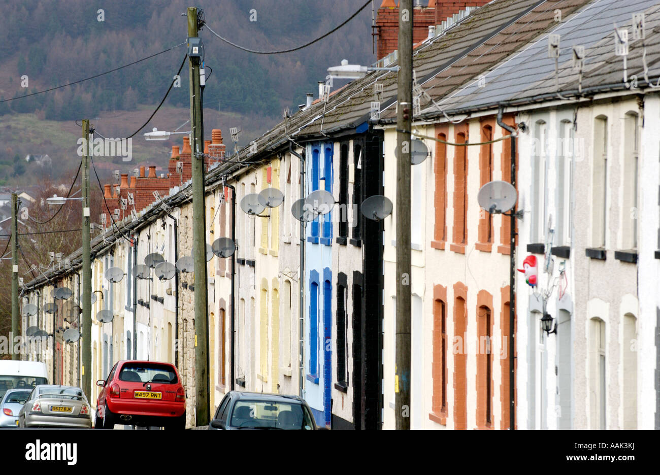 Traditional terraced housing on street in Treorchy Rhondda Valley South
