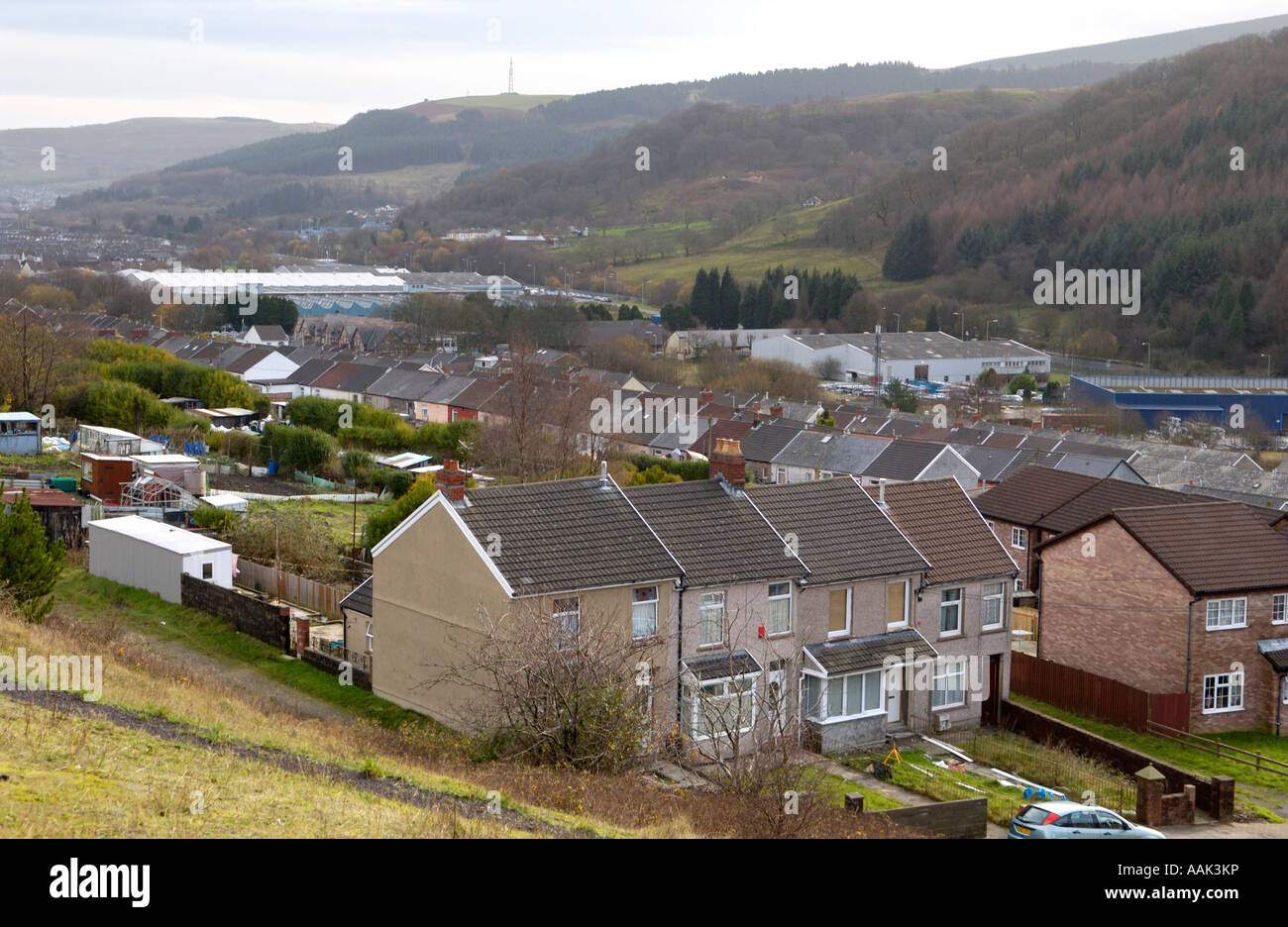 View down Rhondda Valley showing terraced housing and factories in