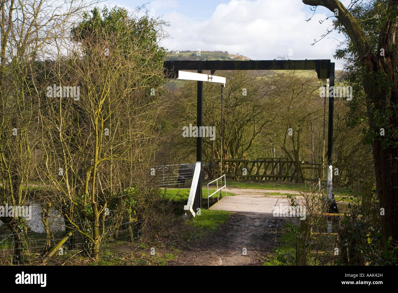 View of Turf Lea Lift Bridge on the Peak Forest Canal at Marple Ridge Marple near Stockport in Cheshire Stock Photo