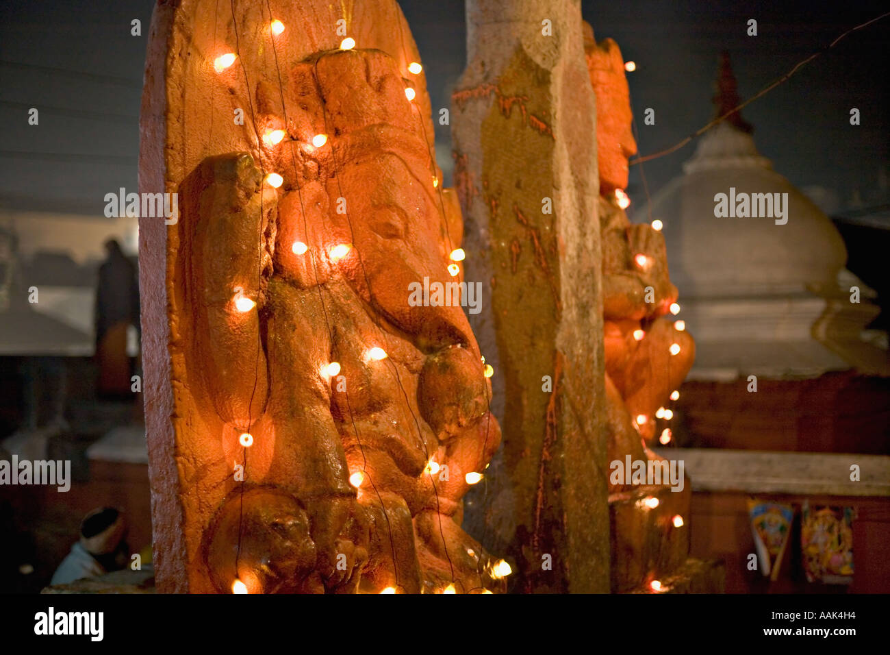 Ghanesh draped in fairy lights at Pashupatinath, Kathmandu, Nepal Stock