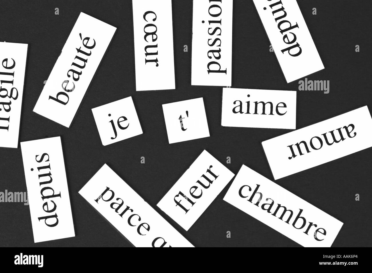 Magnetic fridge words jumbled up but with the words Je t aime in the middle Stock Photo