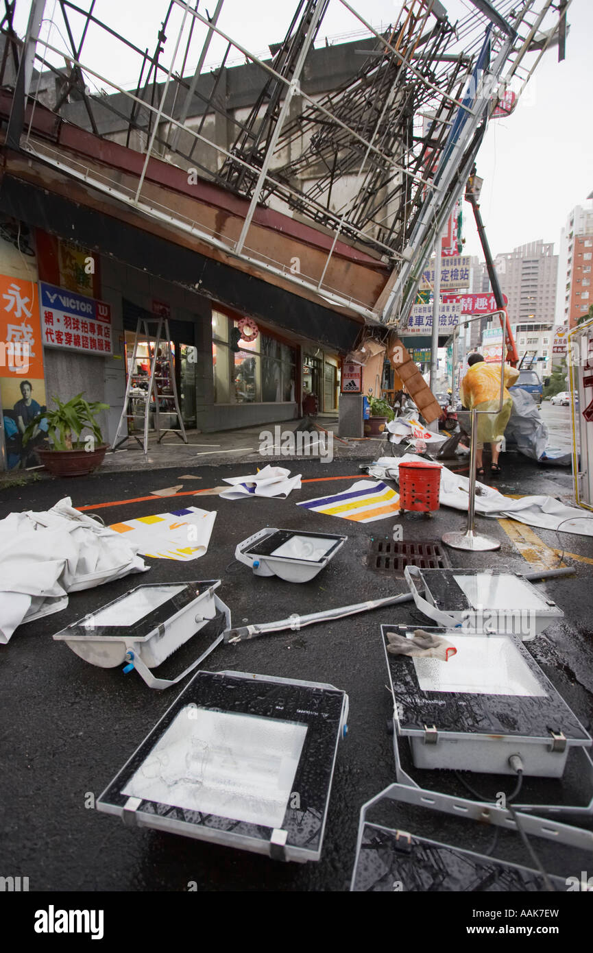 Building Being Repaired After Typhoon Stock Photo