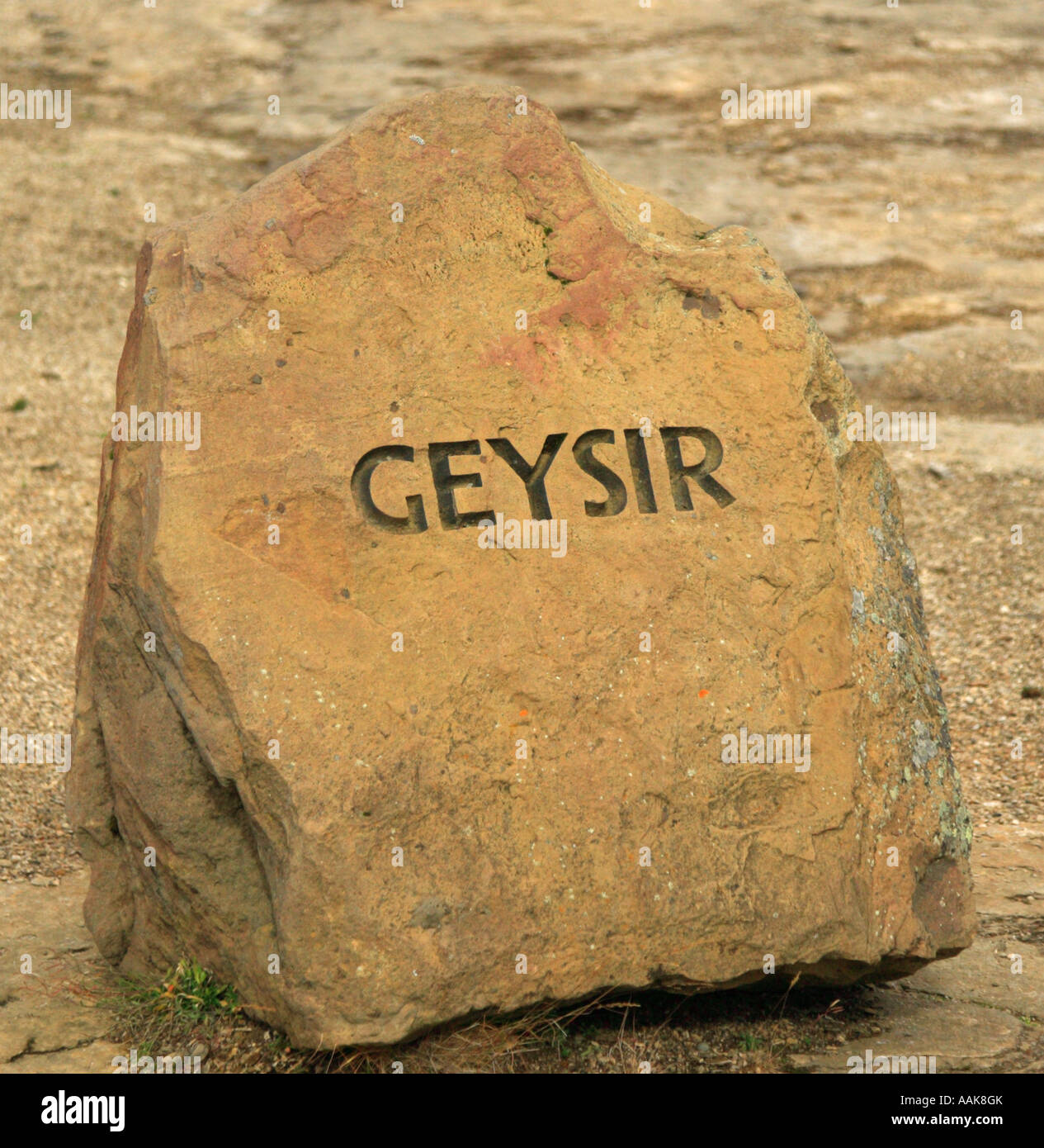 Signposts Rock Signpost for Geysir carved into rock Iceland Stock Photo - Alamy