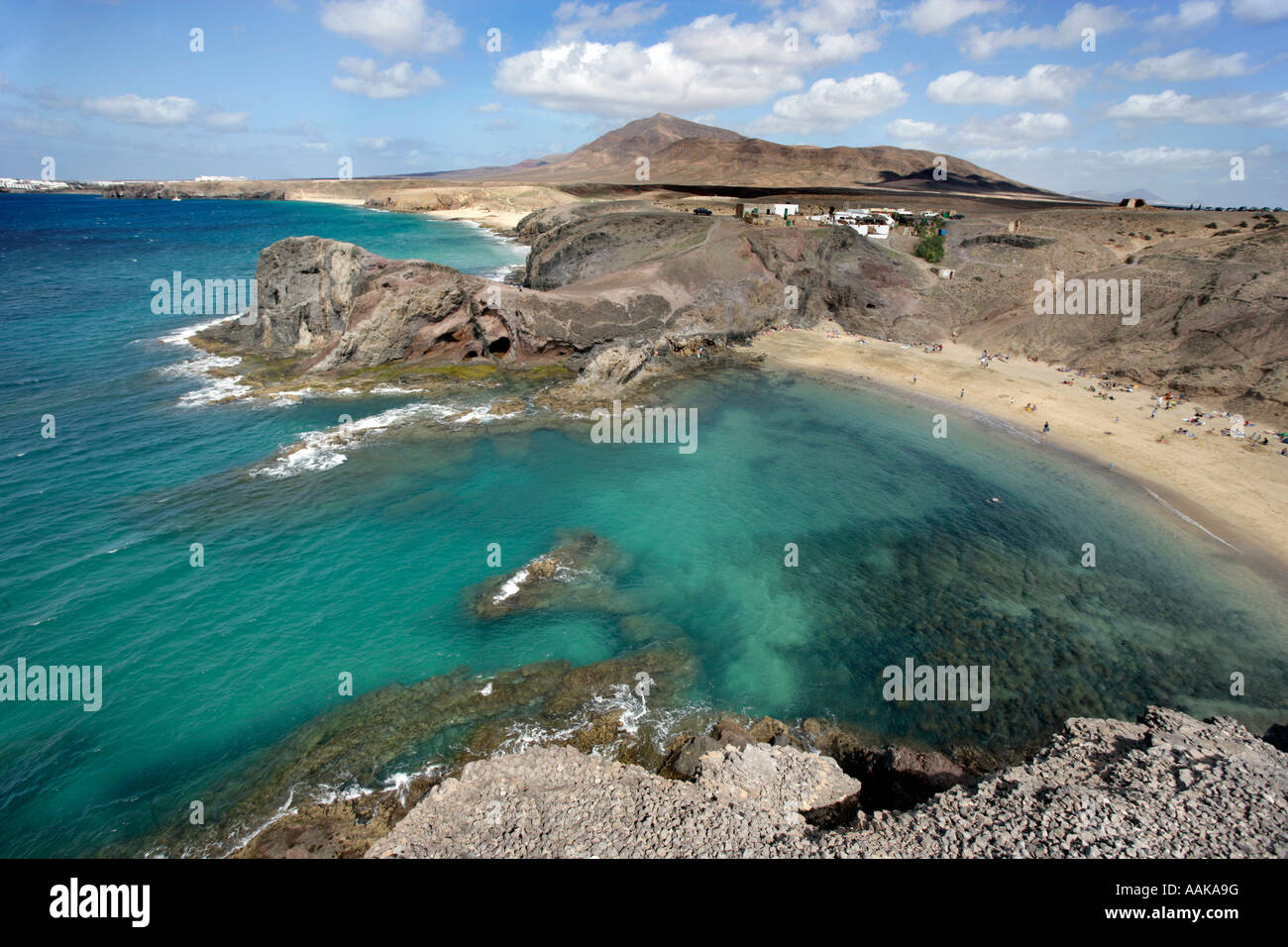 Playa Papagayo beach on the southern end of Lanzarote an island of the Canaries Playa Mujeres is visible in the background Stock Photo