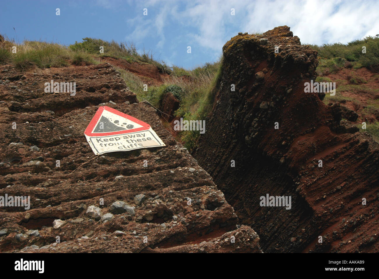 Warning sign on the cliffs at Maidencombe Devon England Stock Photo - Alamy