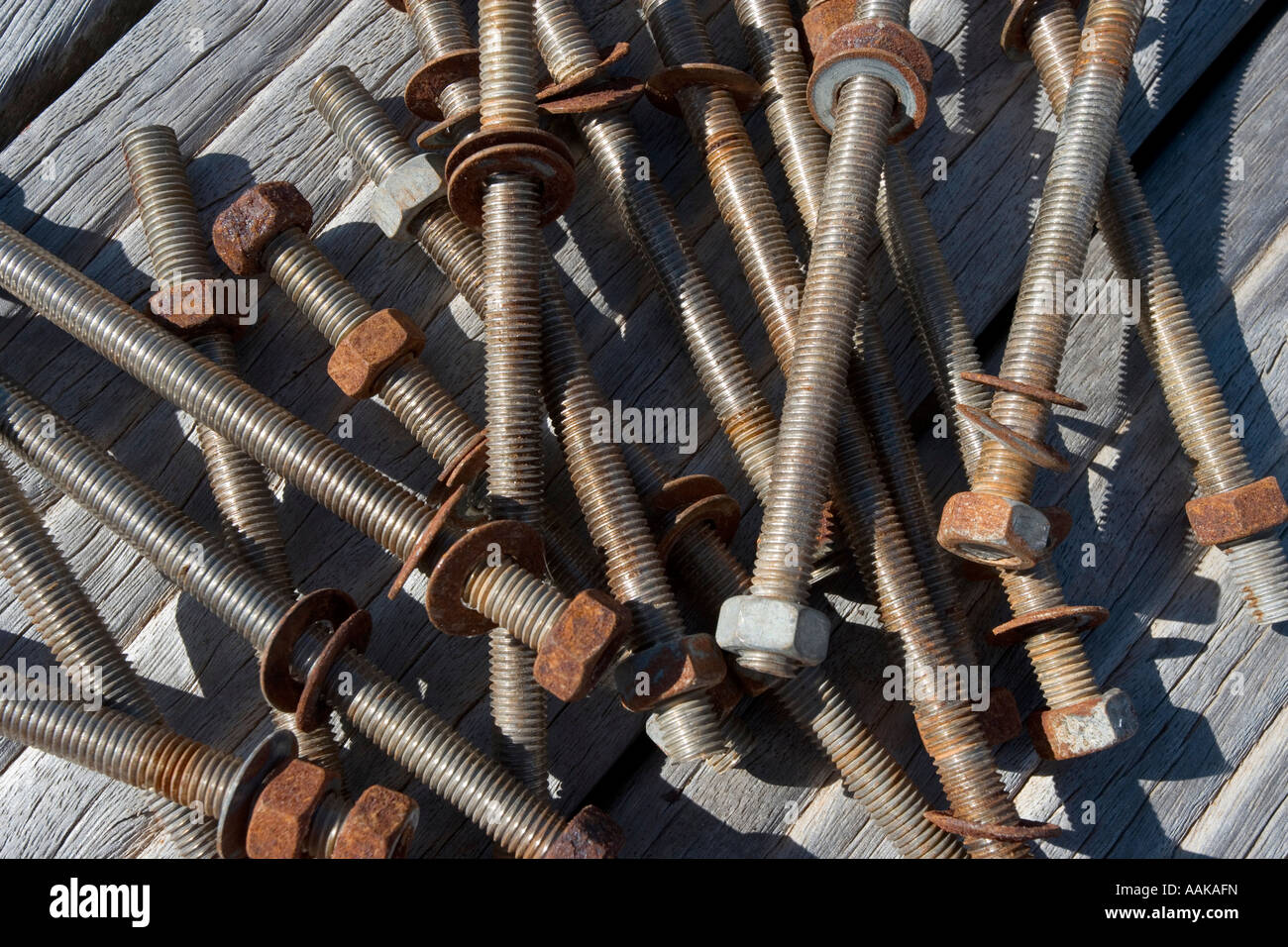 pile of rusty bolts nuts washers Stock Photo