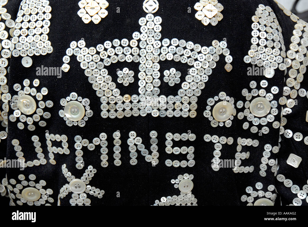Pearly King of Upminster in the grounds of St Pauls Church Covent Garden London Stock Photo