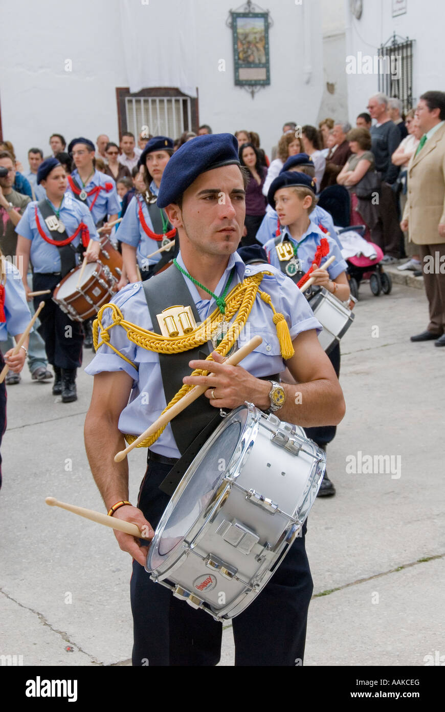 Drummer with Spanish Marching Band at a festival in Andalucia Stock