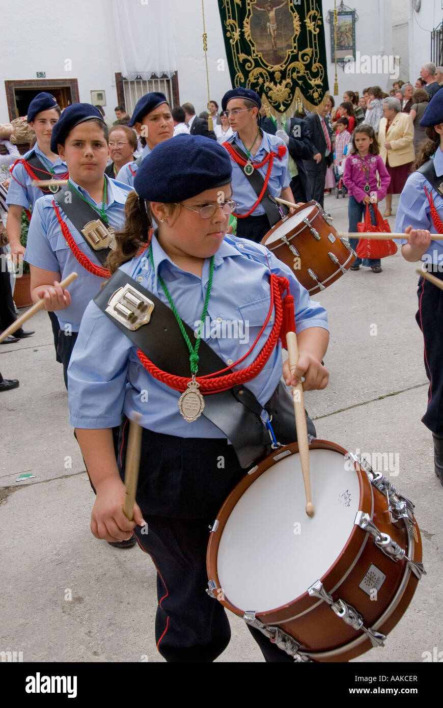 Drummer with Spanish Marching Band at a festival in Andalucia Stock