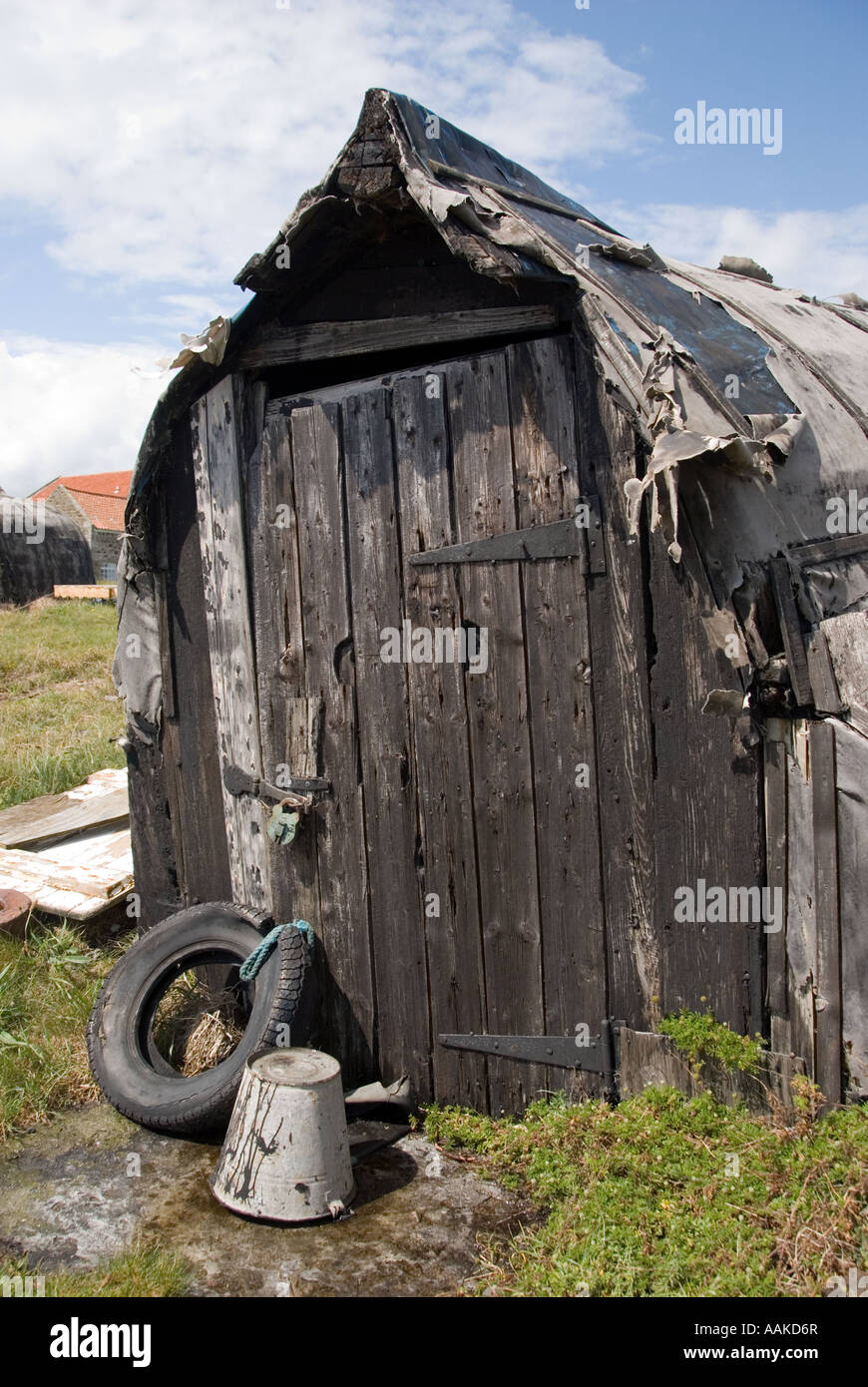 Traditional boat shed on the Holy Island of Lindisfarne, Northumberland. Stock Photo