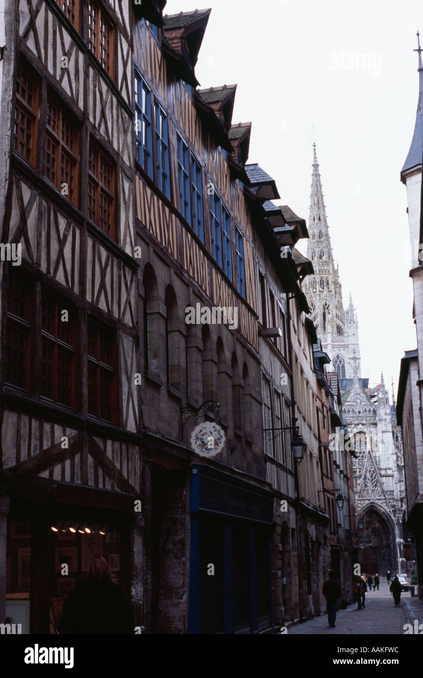 Old Rouen street with church of St Romain in background Stock Photo - Alamy