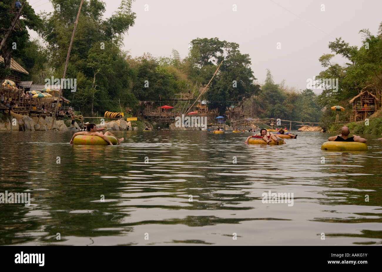 Tubing down the Nam Xong river Vang Vieng Laos Stock Photo Alamy