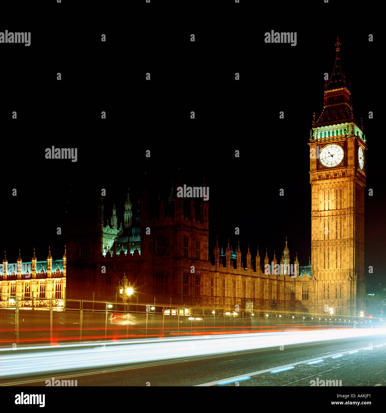 night shot of Houses of Parliament London from south side of Westminster Bridge inc Big Ben clocktower Stock Photo