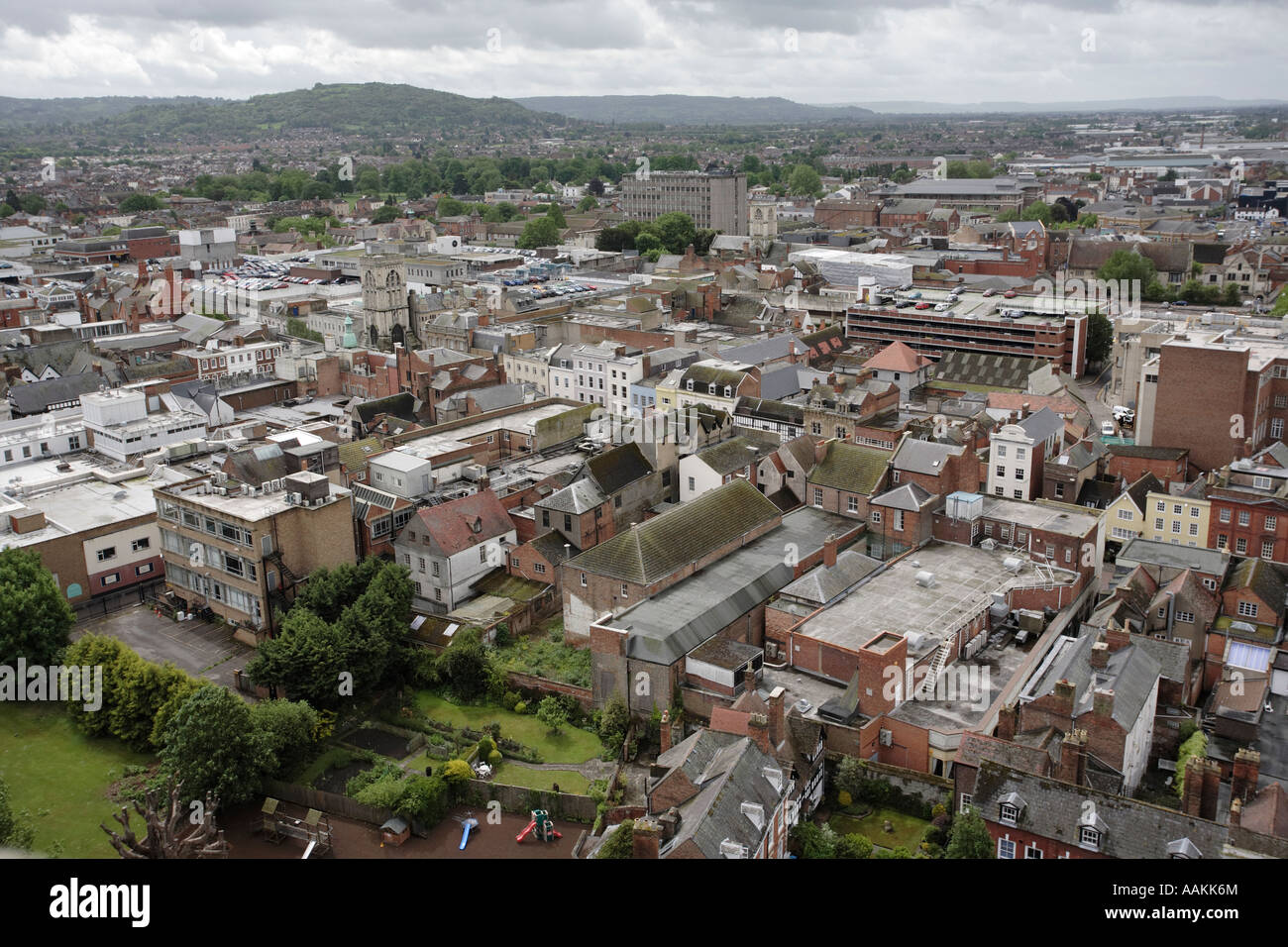An aerial view of the city of Gloucester UK. Photograph taken from the top of the cathedral. Stock Photo