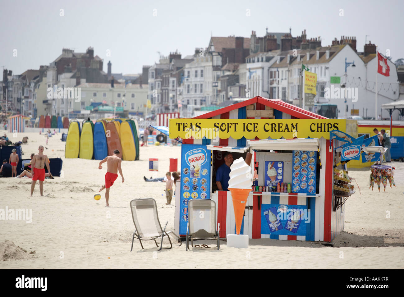 A refreshments kiosk on the beach at the seaside resort of Weymouth in Dorset Stock Photo
