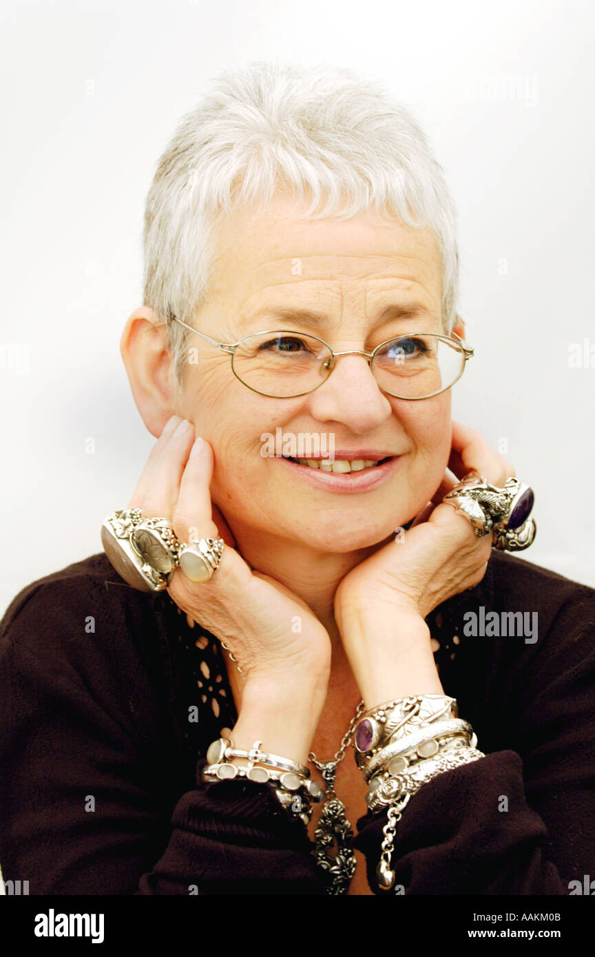 Children's author Jacqueline Wilson wearing her large silver rings pictured  at The Guardian Hay Festival 2005 Hay on Wye Wales Stock Photo - Alamy