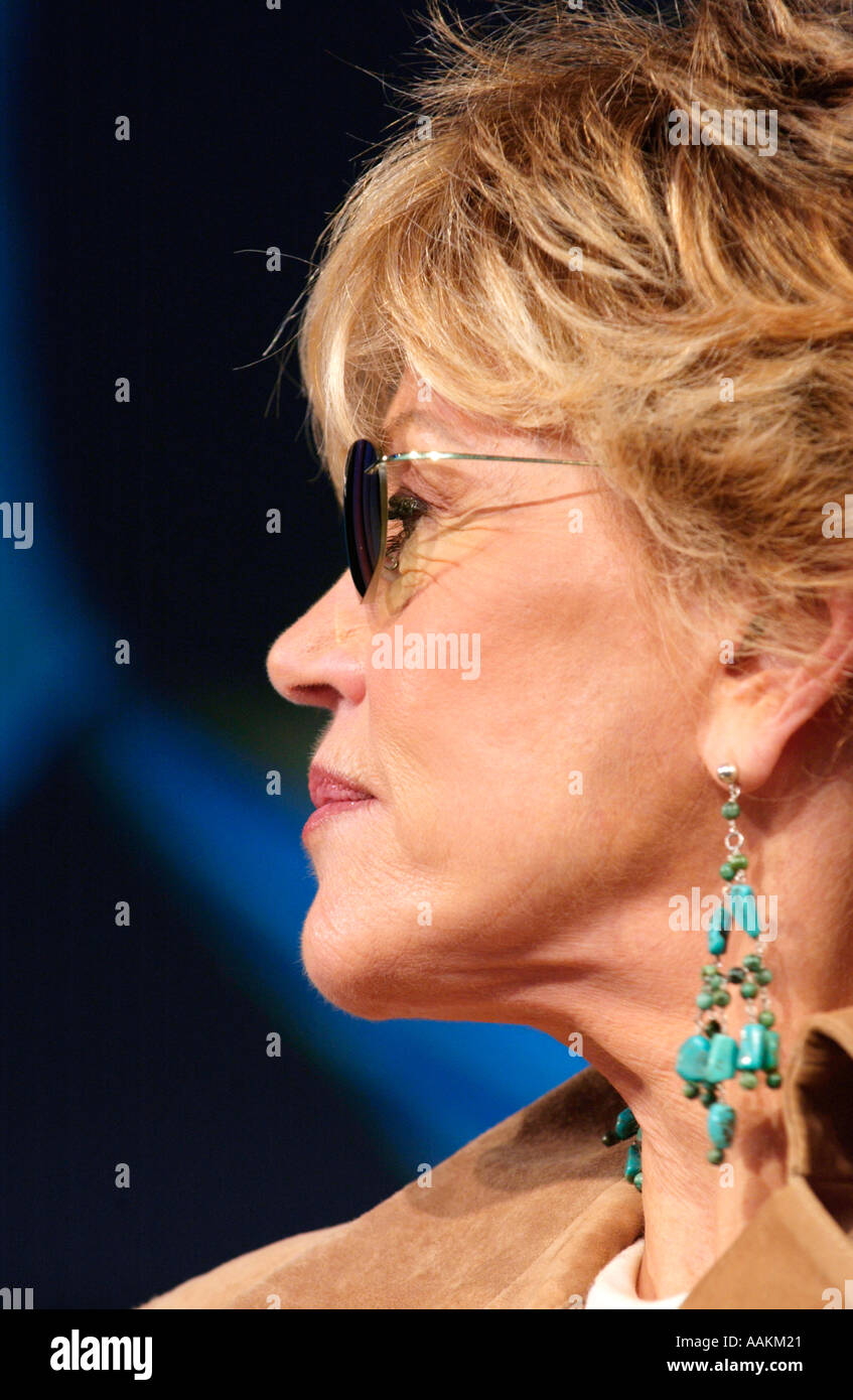 American actress and activist Jane Fonda talking about her book MY LIFE SO FAR at The Guardian Hay Festival 2005 Powys Wales UK Stock Photo