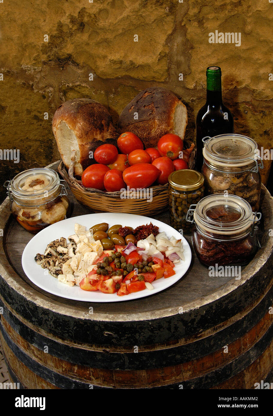 Rustic food on wooden barrel Stock Photo Alamy