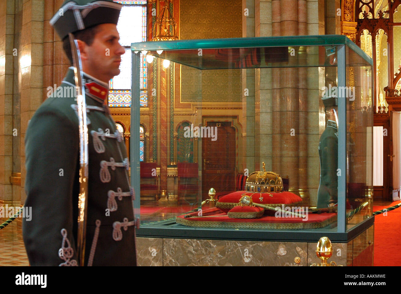 Guardsman guards the Holy Crown of Hungary also known as Crown of Saint
