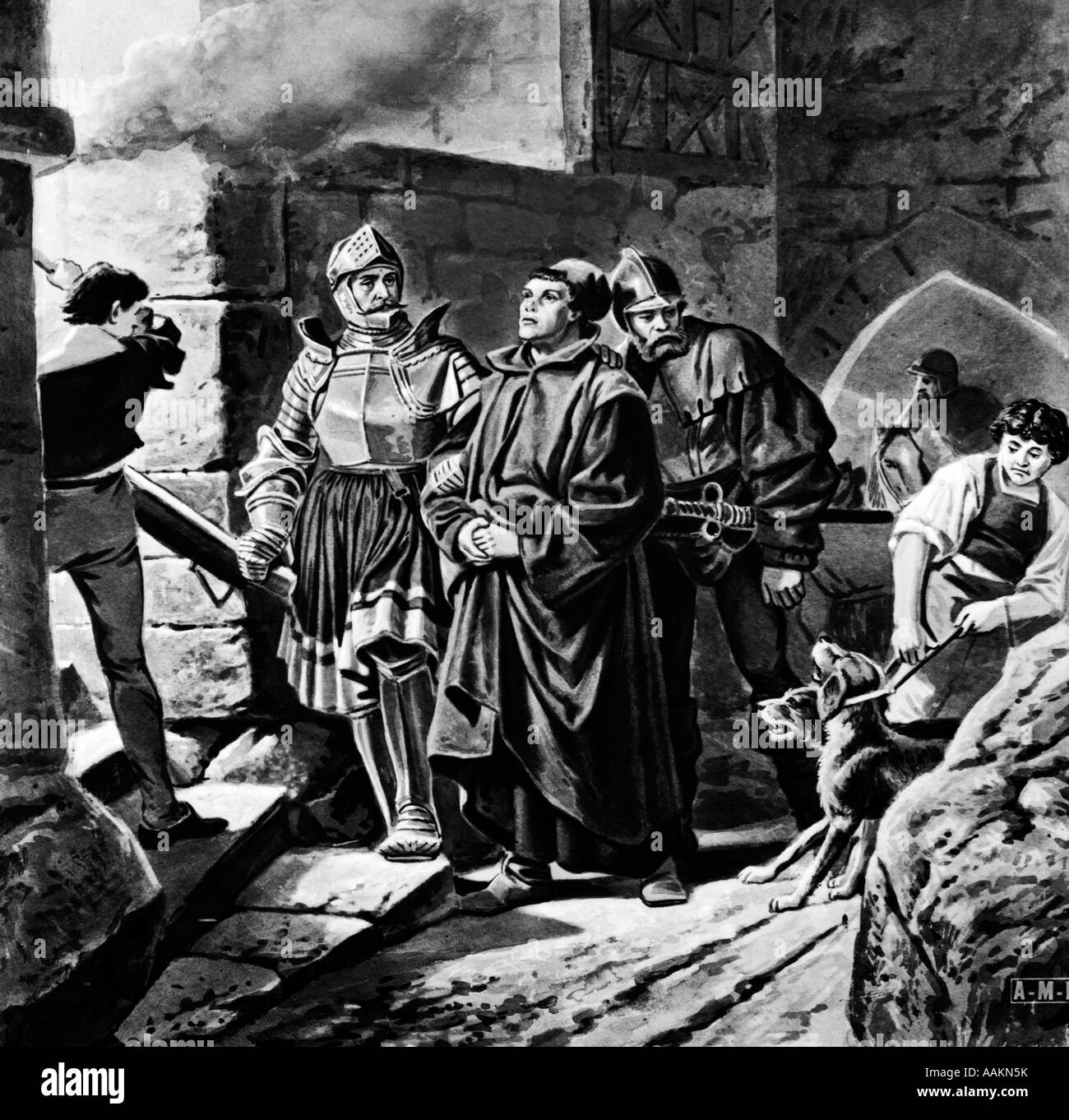 1500s MARTIN LUTHER GERMAN LEADER OF THE REFORMATION ARRIVING AT CASTLE WARTBURG Stock Photo