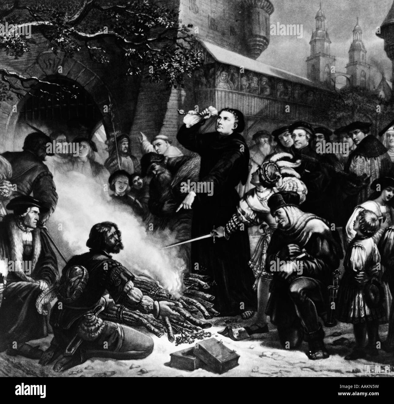 1500s MARTIN LUTHER BURNING THE CATHOLIC POPES BULL 1520 Stock Photo