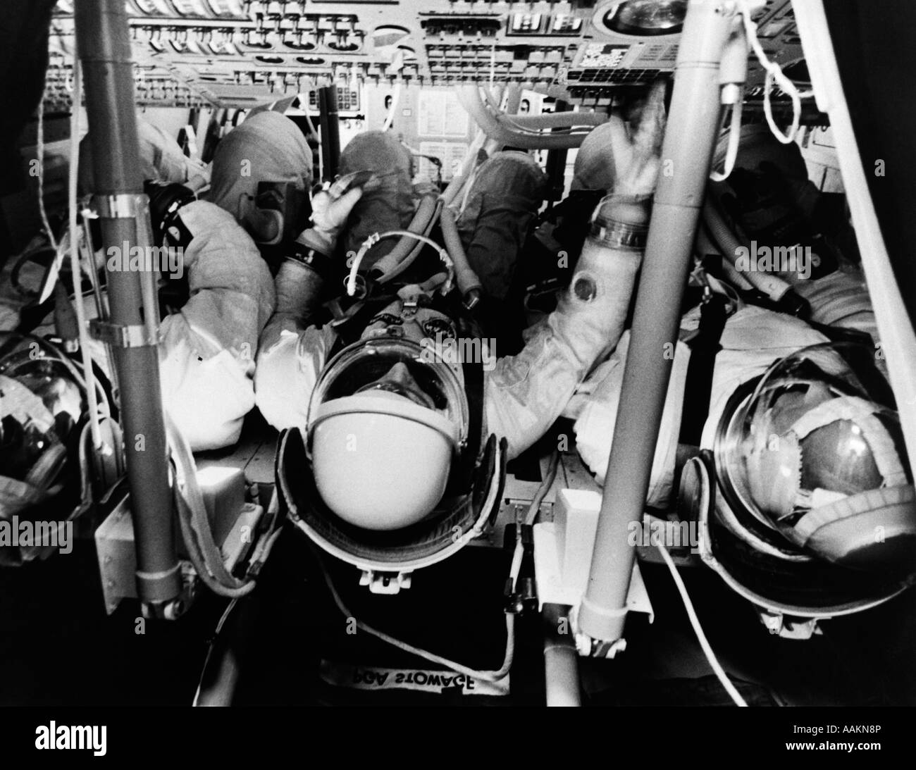 1960s OVERHEAD OF 3 BACK-UP CREW MEMBERS FOR FIRST MANNED APOLLO MISSION Stock Photo
