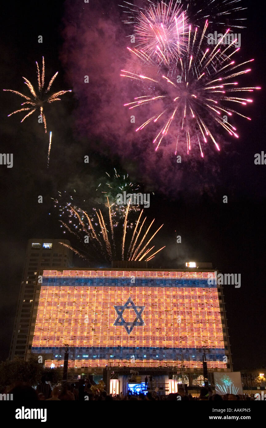 Fireworks Light The Sky Over The Illuminated City Hall Building Bearing ...