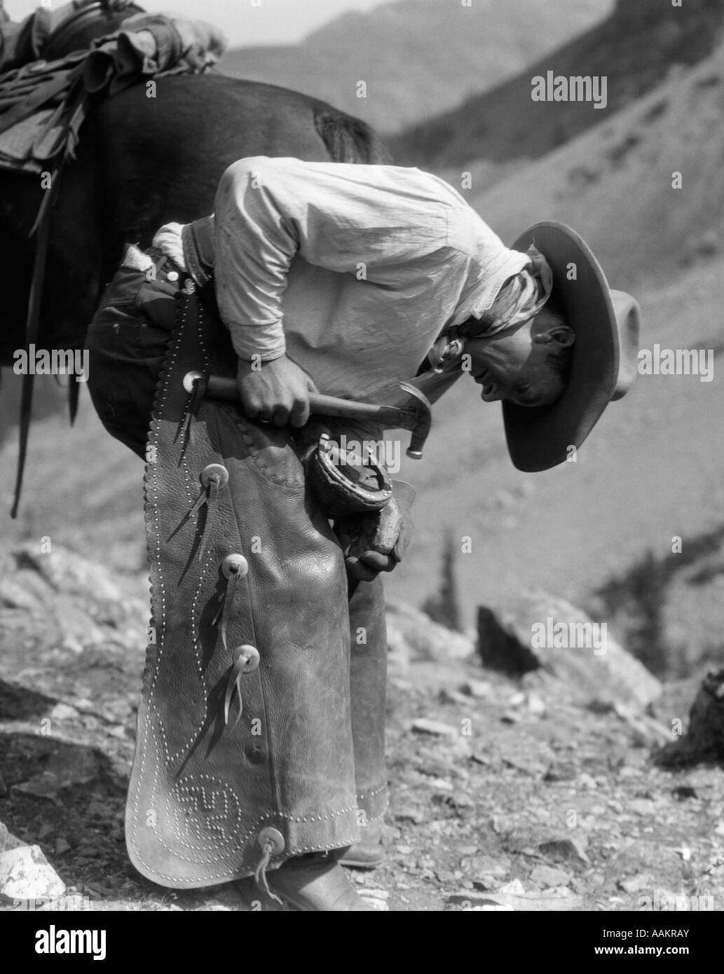 1930s COWBOY SHOEING A HORSE Stock Photo